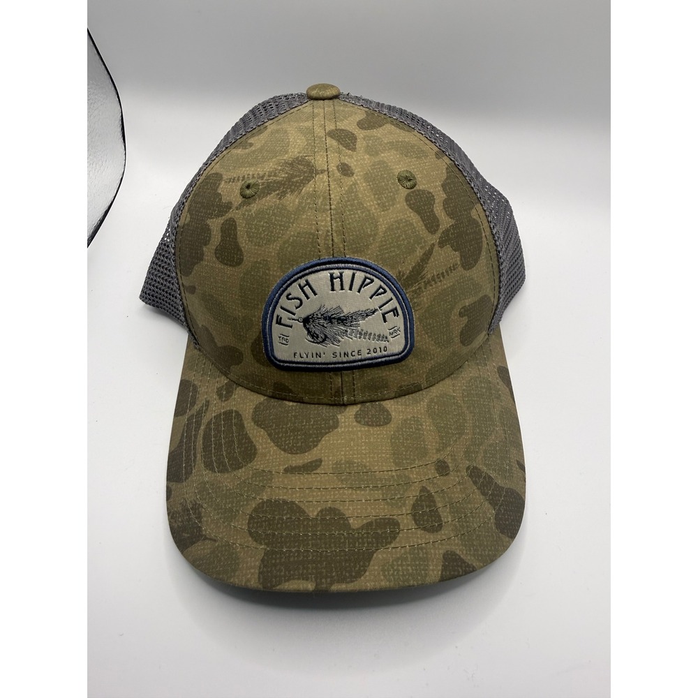 Fish Hippie Trucker Hat Mens OSFA Camo Excellent Fly Fishing Mesh Snapback Cap